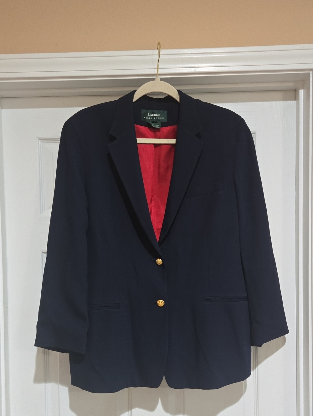 Lauren Ralph Lauren Navy Blazer with Red Lining, Gold Buttons Size 14